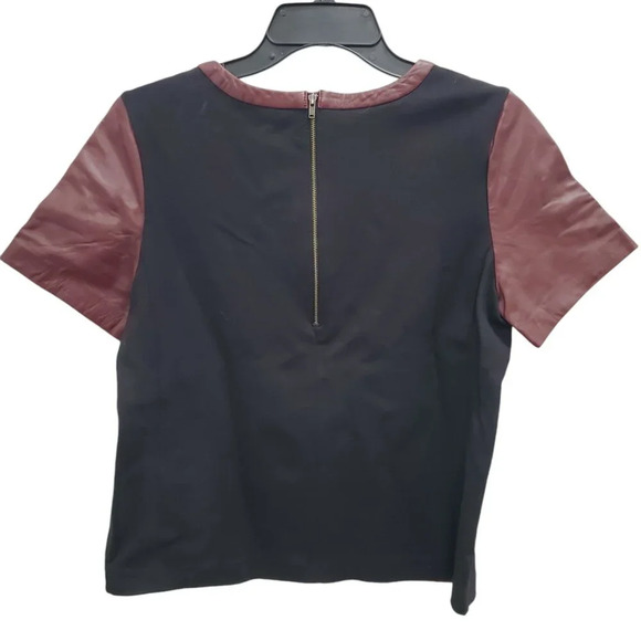 Halogen Women's Burgundy 100% Leather Front Zip Back Short Sleeve Panel Top M - Picture 6 of 8